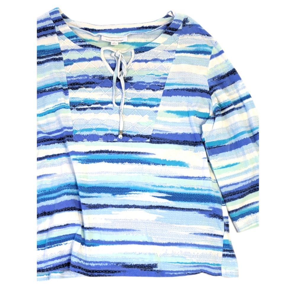Breckenridge Blue Striped Lace Up Quilted Bib 3/4 Sleeve Knit Top XL
